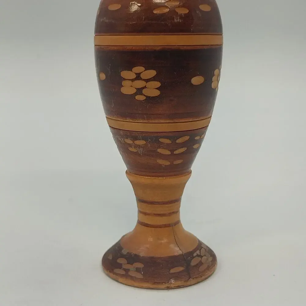 Hand Crafted Wooden Bud Vase Brown Carved Detailed Inlay Folk Art 6.9